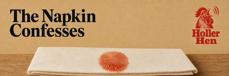 Example billboard output: a folded white napkin marked with a red sauce stain shaped like a fingerprint, beside the headline “The Napkin Confesses” and the Holler Hen rooster logo.
