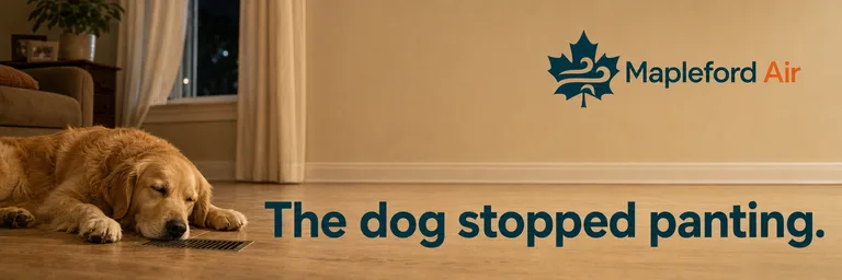 Example billboard output: a golden retriever asleep on a wooden floor with its nose resting against a floor vent, beside the headline “The dog stopped panting.” and the Mapleford Air maple-leaf logo.