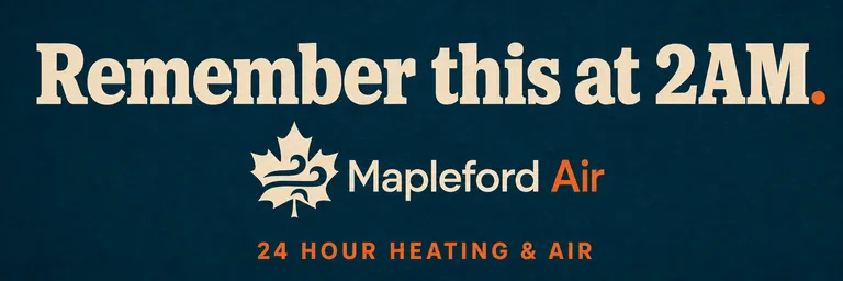 Example billboard output: a purely typographic board reading “Remember this at 2AM.” above the Mapleford Air maple-leaf logo in cream on deep teal, with the line “24 hour heating and air” beneath.