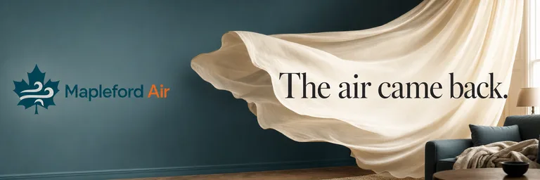 Example billboard output: a cream silk curtain lifting on moving air in a dark room, carrying the headline “The air came back.” with the Mapleford Air maple-leaf logo on the wall opposite.