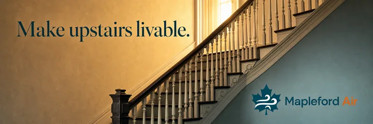 Example billboard output: late sunlight falling across an empty staircase, with the headline “Make upstairs livable.” on the warm plaster wall and the Mapleford Air maple-leaf logo on the teal wall beside it.